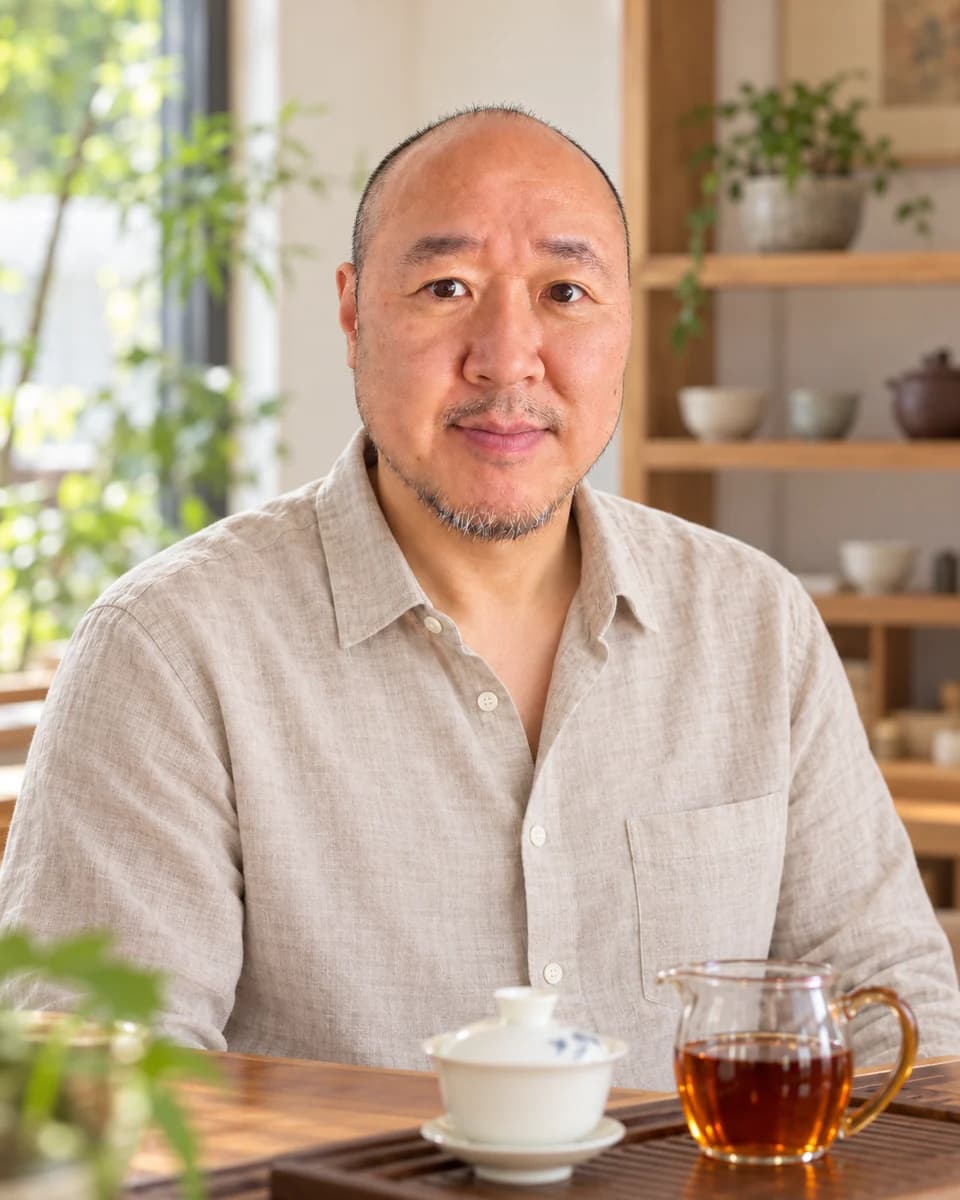 베이지 린넨 셔츠를 입고 밝은 찻자리에서 미소 짓는 TECHA Tea 운영자 임광진